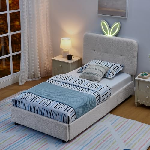 Image of Twin Led Bed Frame with 4 Storage Drawer, Upholstered Platform Floor Bed with Rabbit Ear Headboard Daybed Strong Wooden Slats No Box Spring Needed for Kids Girls Boys, Beige