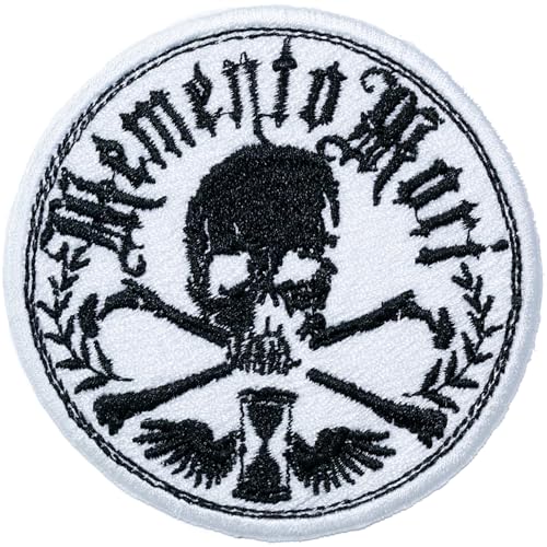 Parche Bordado Redondo - Calavera Memento Mori - 8cm - Con Termoadhesivo (Blanco)