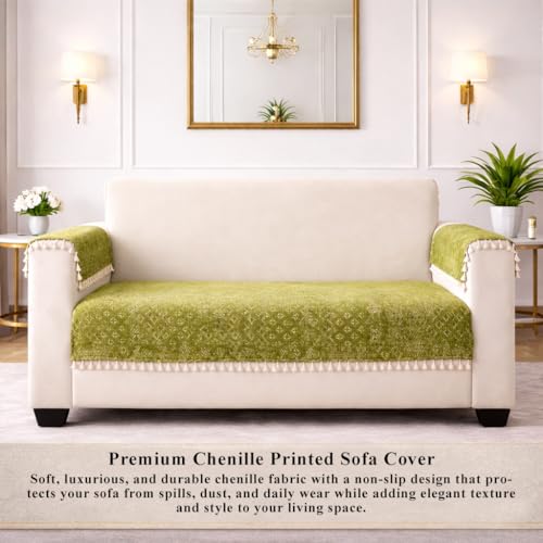 Image of STITCHNEST Woven Fabric Sofa Cover 3 Seater with 2 Hand Rest Covers - Washable Green Sofa Cover with Tassels - Durable Premium Fabric - Stylish Sofa Protector for Living Room & Furniture Decor6
