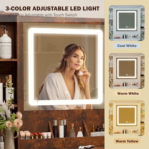 Vanity with Mirror and Lights, Makeup Vanity Table Set, Dressing Table, Large Wood Vanity with Chair, Touch-Sensitive Dimmable Mirror, Shelves and Drawers. Industrial Style Vintage Brown - Image 4