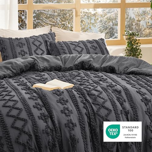 Image of Bedsure Tufted Boho Comforter Set King Size - Dark Grey Boho Bed Set, GentleSoft 3 Pieces Farmhouse-Style Embroidery Bedding, Gifts for Woman, Soft Jacquard Kids' King Comforter for All Seasons