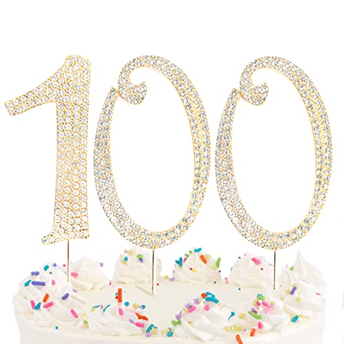 Number Cake Topper 100, Uniideco Gold Rhinestone Premium Metal Bling Bling Cake Decor, Sparkly Happy Birthday Wedding Anniversary Party Decoration Centerpiece #TOP5