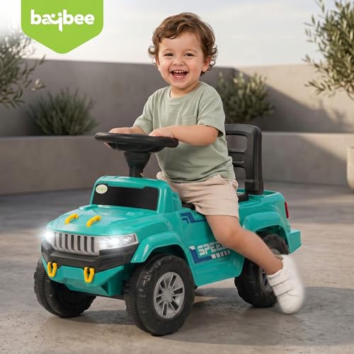 Image of Baybee Speedy Baby Ride on Car for Kids | Portable Kids Car with LED Lights, Music & Storage Basket | Push Toy Cars with High Backrest | Toddler Rideons Jeep for 1 to 3 Years Boys Girls (Green)