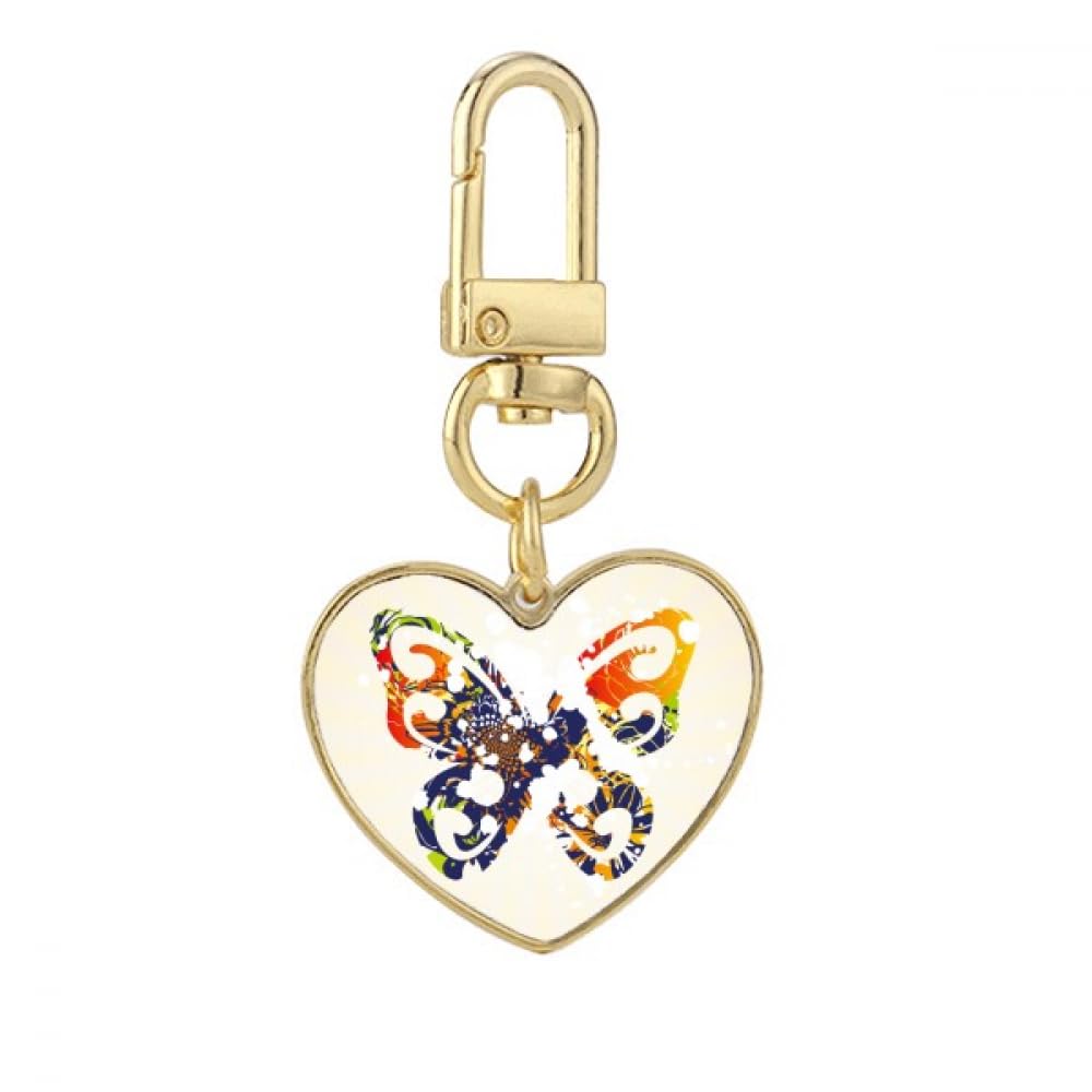 Butterflies with Floral Pattern Graffiti Gold Heart Keychain Metal Keyring Holder