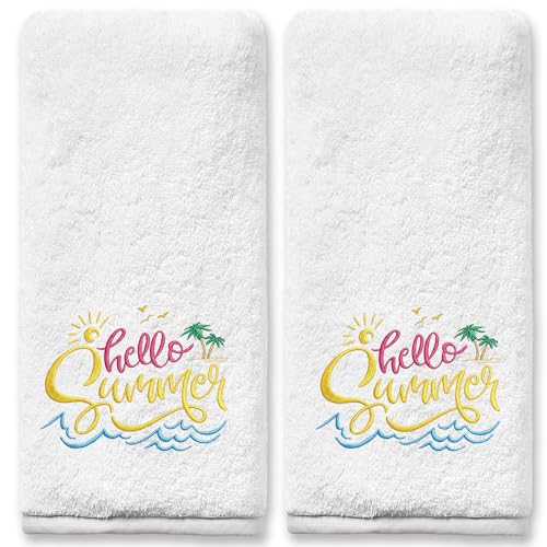 FUTBU Summer Hand Towels 14x30 Inches for Bathroom Embroidered Towels for Bathroom Set of 2 Holiday Hello Summer Gifts Decorations 100% Cotton Soft Towels for Kitchen Bath
