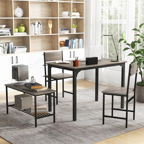 Image of Giantex Dining Table Set for 4, Kitchen Table with Bench and Chairs, Industrial Gathering Bench Dining Set W /Metal Frame & Storage Rack, Dinette Set, Modern Functional Desk Set (Grey)