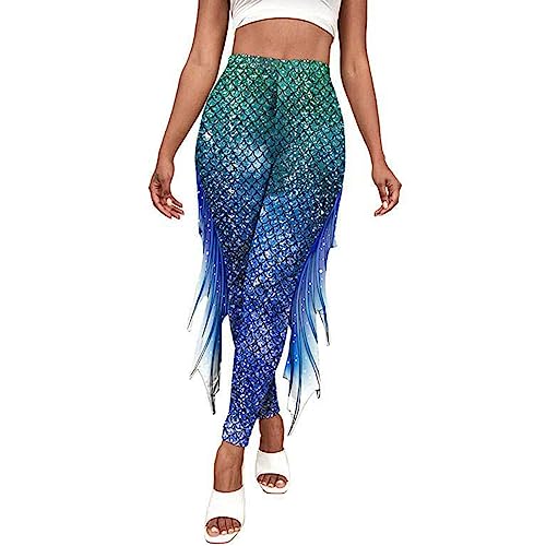Freebily Leggings De Sirena para Mujer Pantalones con Escamas De Pescado Pantalones Lápiz De Yoga Gimnasio De Cintura Alta Disfraz De Halloween Cosplay Verde Azul L