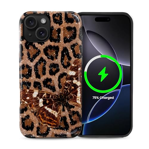 ZHEGAILIAN Magnetic Case for iPhone 15,Compatible with MagSafe Hard Shell + Soft Silicone 2 in 1 Hybrid Shockproof Bumper Drop Protective Case Leopard Butterfly