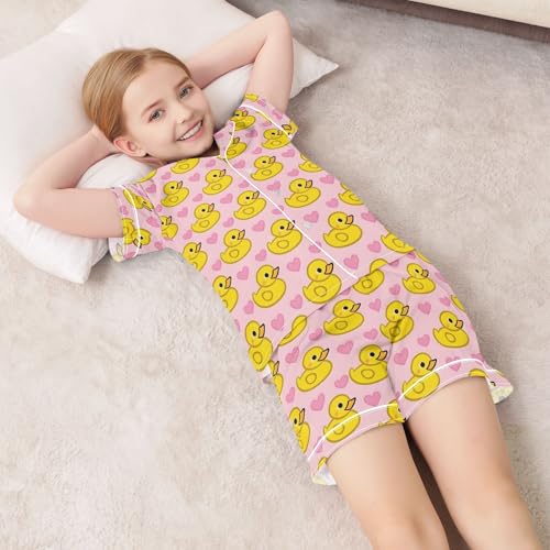 Cute Yellow Rubber Ducks Summer Satin Pajama Set, Cute Button-Down Sleepwear Pj Set for Sleep Wears 6