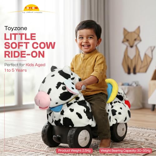 Image of Toyzone Little Soft Cow Ride on | Cloth-Covered Ride On Toy with Wheels | Back Support | Indoor & Outdoor Ride-On for Toddlers 1-4 Years