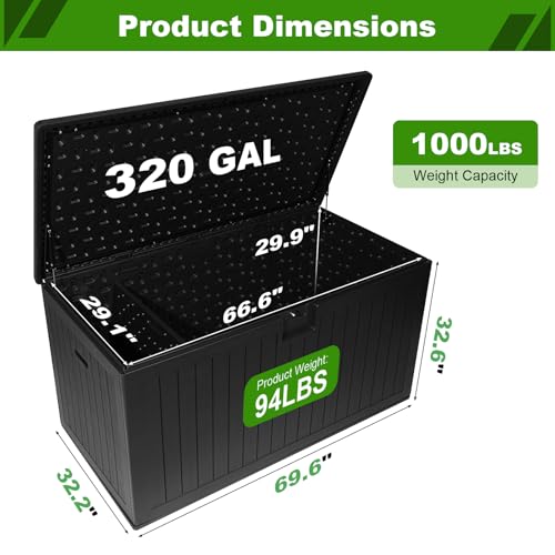 Image of 320 Gallon Deck Box with 6 Waterproof Foot Pads, Resin Storage Box Weatherproof, Plastic Cushion Container with Lock and Lids for Pool Equipment, Black