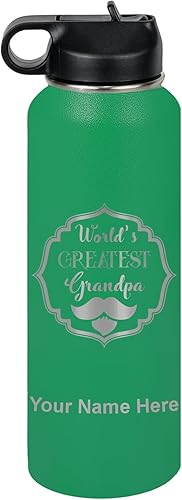 Miniatura 52 de LaserGram Botella de agua con tapa abatible de doble pared de 32 onzas con pajilla, grabado personalizado incluido (negro) Negro -,verde (camo