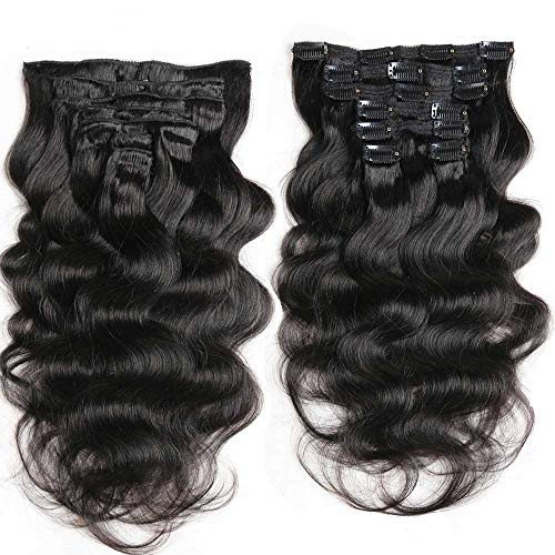 Wavy Clip in Hair Extensions, HUA 14”7Pcs Body Wave Remy Clip in Human Hair Extensions for Women Triple Weft Natural Black
