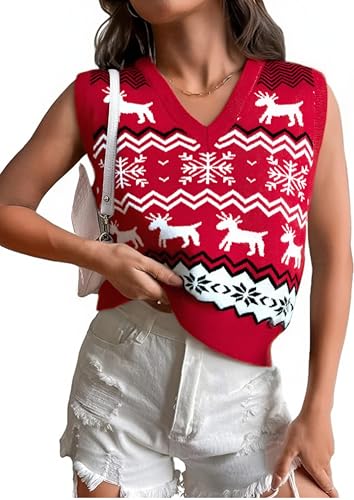 Image of JULYCLO Christmas Sweater Vest Women Ugly Xmas Reindeer Knit Sweaters Casual Santa Snowflake V Neck Sleeveless Outwear Tops