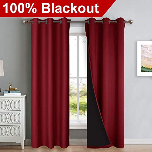 Image of NICETOWN 100% Blackout Curtains with Black Liner Backing, Thermal Insulated Curtains for Living Room, Home Decoration, Burgundy Red, 42 inches Wide x 84 inches Long Per Panel, Set of 2 Panels