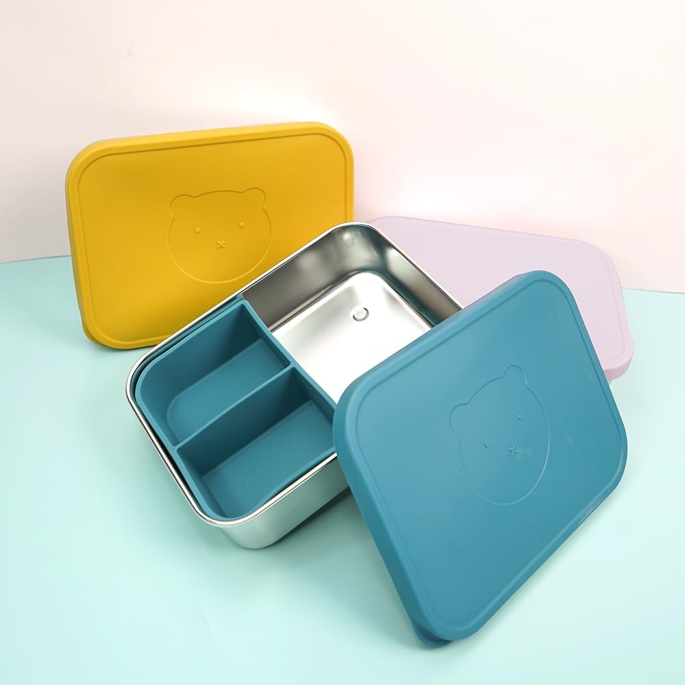 Stainless Steel Bento Box for Kids Adults, Toddler Lunch Box Containers with Silicone Lid,Removable 3 Compartment Design,Leakproof Snack Container, BPA Free, Dishwasher Safe-(1200ml,Dark Green)