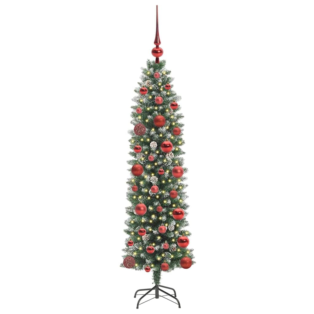 Albero di Natale artificiale sottile, verde e bianco, 120 cm, con 150 luci LED bianco caldo, 8 modalità, punte in PVC, ideale per interni e piccoli spazi, alimentato tramite USB