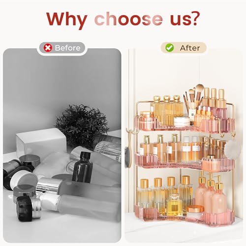 Image of Corner Bathroom Counter Organizer 3-Tier Bathroom Organizer Countertop with Hooks Perfume Organizers Storage Shelf for Makeup & Skincare Dresser-Pink
