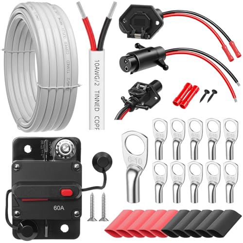 Saysurey 13 Pcs 10 Gauge 30ft Duplex Tinned Copper Marine Wire 12v-24v 8 Gauge 2 Wire Trolling Motor Plug and 12v-48v 60amp Circuit Breaker and 4 Awg 3/8 Ring Marine Grade Copper Wires Lugs for Boat