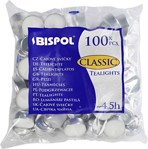 Bispol Candles Tea Lights for Indoor and Outdoor Use 4.5 Hours 15 x Diameter 39 mm Pack of 100 White