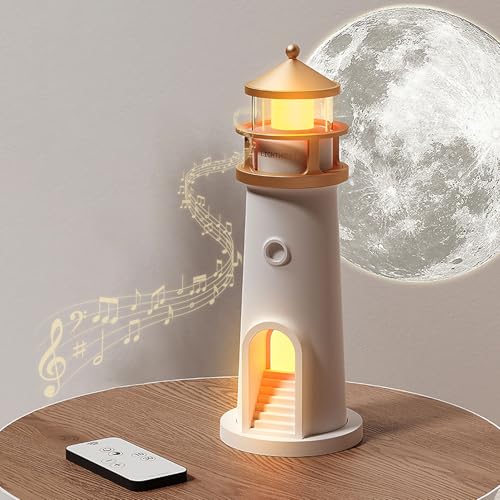 Décoration de Phare, Phare avec Lumière LED Lampe de Phare à Projection de Lune Balise avec Télécommande et Fonction Bluetooth, Cadeau de Noël...