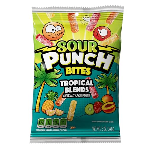Sour Punch Bites, Tropical Fruit Flavors, Soft & Chewy Sour Candy, 5oz Bag (12 Pack)