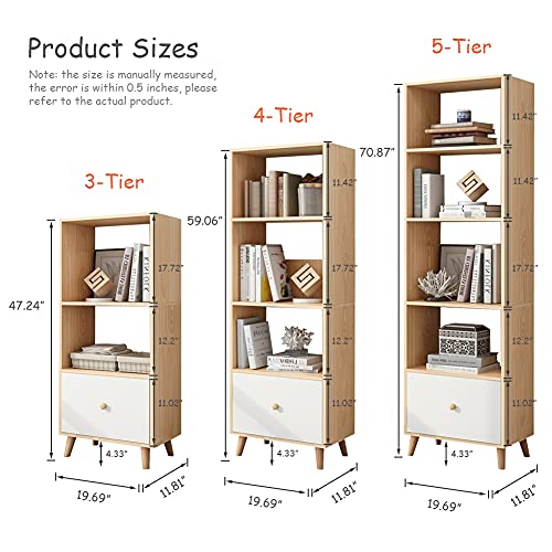 Iotxy 3-Tier Open Shelves Bookcase - 47 Inches Height Modern Floor Standing Cubes Wooden Low Bookshelf With Storage Drawer And Legs, Oak #TOP1