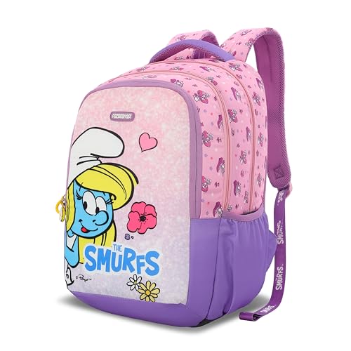 Image of American Tourister The Smurf with Durable Polyester Backpack for Girls /Official Smurfs Collection /Spacious 3 Compartments with Front Pocket /Adjustable Padded Straps for School, Picnic- Pink /Purple