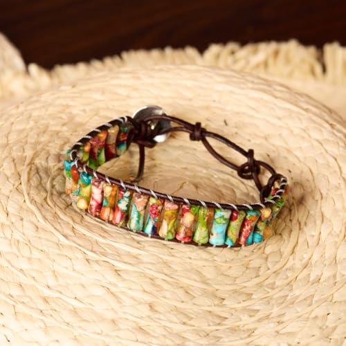 Image of YGLINE Boho Handmade Wrap Leather Tube Crystal Stone Bracelet for Women