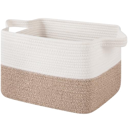 OIAHOMY Woven Storage Basket for Shelves Rectangle Cotton Rope Baskets for Organizing 13 x 10 x 9 in Storage Bins for Dog Toys Towel Books Gift Brown and White