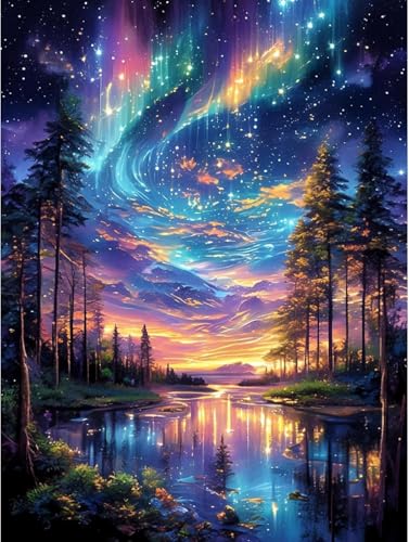 Diamond Art Kits for Adults Aurora Starry Sky 5D Diamond Painting Kits for Adults Beginner DIY Full Drill Gem Art Kits for Home Wall Decor 12 x 16 Inch