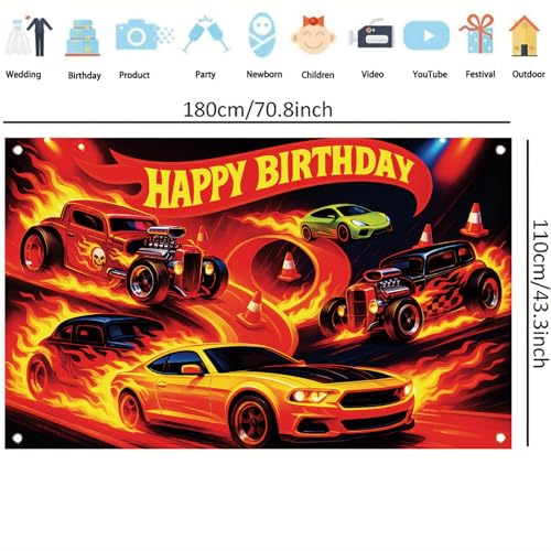 Image of Racing Car Birthday Backdrop Banner - High-Speed Fire & Speed Themed Party Decoration, Sleek Racing Cars Photo Booth Background, 71x43 Inch for Birthday Celebrations