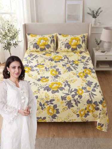 Image of Mafatlal 144 TC 100% Cotton Double bedsheet, Floral Pattern Queen Size Bed Sheet, 90x100 inches bedcover, Cotton Full Bed Sheet with Pillow Cover Set|Mango Yellow