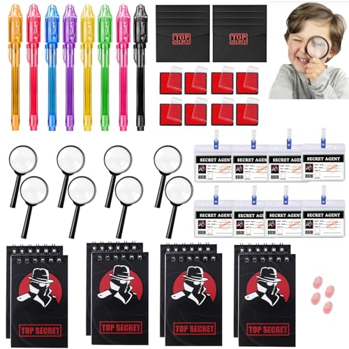 48 Piezas Kit Espía Juego Detective para Niños，con bolígrafo UV, Cuaderno, Lupa Juguete，Detective Tarjetas de identificación con Clip, Almohadilla Tinta Huellas Dactilares