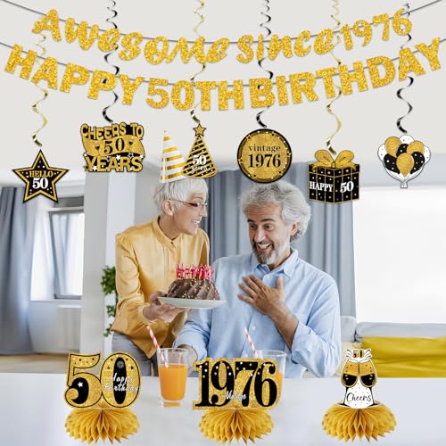 Image of Kuxriox 11Pcs 50th Birthday Decorations Kit for Men Women, Black Gold Happy 50th Birthday Banner, Awesome Since 1976 Centerpieces Swirls Party Supplies, Fifty Bday Banner Ceiling Table Topper Sign