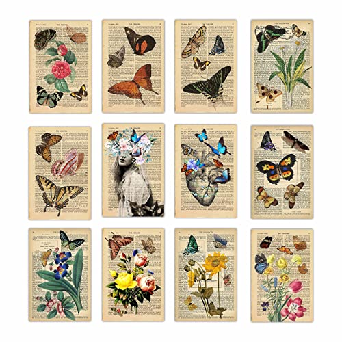 Hk Studio Vintage Posters Decal For Dictionary Art, Dorm, Teen Room Decor - Butterfly Wall Decor For Hippie Room Decor, Aesthetic Room Decor - 8" X 12" Pack 12 #TOP7