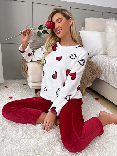 Sweatyrocks Women's 2 Piece Flannel Pajama Colorblock Long Sleeve Top With Pants Set Loungewear White Red M #TOP4