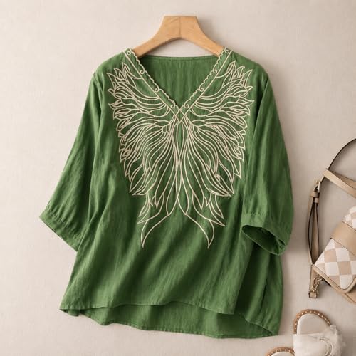 Image of RIEKA Women's Embroidered Top for Women, Maroon V Neck Rayon, 3 /4 Sleeve Casual Loose Fit Tunic, Boho Blouse for Women, Korean Style