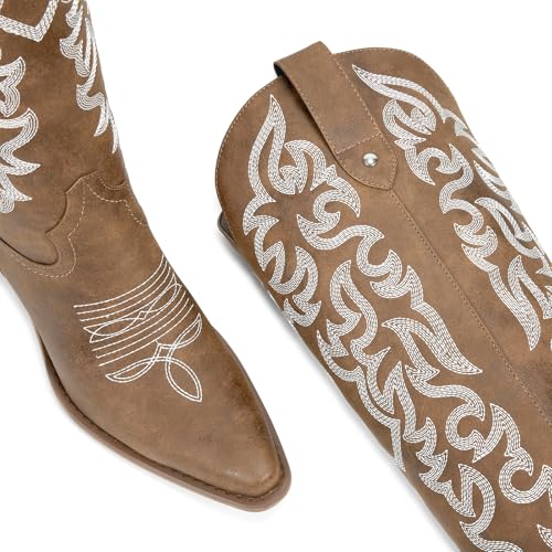 Image of wetkiss Women's Knee High Cowboy Boots | Western Cowgirl, Embroidered Pointed Toe, PU Leather, Chunky Heel, Pull On Tall