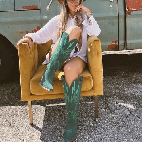 Embroidered Suede Cowboy Boots for Women Cowgirl Knee High Boots Pull on Pointed Snip Toe Fashion Western Boots Block Chunky Heel Tall Boots3