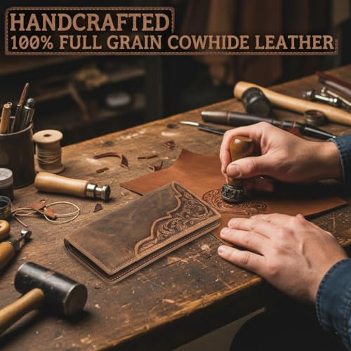 Image of F&L CLASSIC Men's RFID Vintage Look Genuine Leather Long Bifold Wallet Checkbook Wallets, brown 83, 6 6 /8 inch X 3 5 /8 inch Inches, Retro