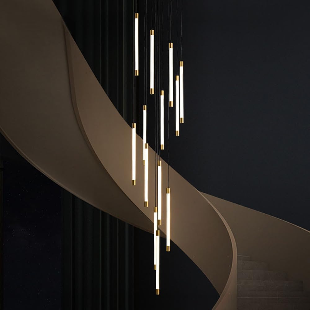 Lampadario d'ingresso Grande in Oro per atrio, Scale, soffitti Alti, Lampada a Sospensione lineare a Tubo Lungo, Stile Rustico Nero, Moderno, LED, Soggiorno, Tavolo da Pranzo, corridoio