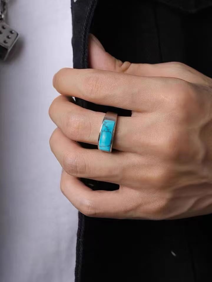 Stainless Steel Turquoise Inlay Band Ring, Men's Fashion Statement Ring2