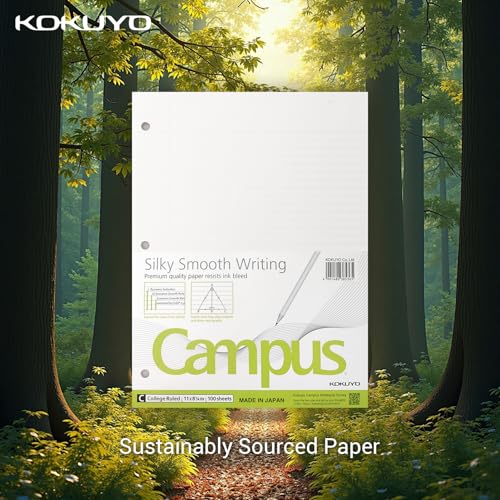 Image of Kokuyo 3 Hole Loose Leaf Paper 8-1 /4 inchx11 inch College Ruled, 100 Sheets, 1 Pack | Filler Paper for 3 Ring Binder Bleed Resistance Notebook Paper, 70 GSM Japanese Smooth Paper School Suppliers 100 Sheets /Pack