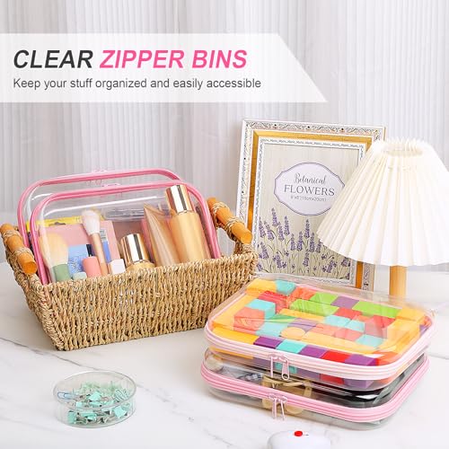 Image of Hoolerry 4 Pcs Hard Clear Zipper Case Makeup Bags Plastic Zipper Pouch Transparent Storage Box Containers for Cosmetics, Snacks, Building Blocks, Puzzles(Clear,9.8 x 7.9 x 2 in,Pink)