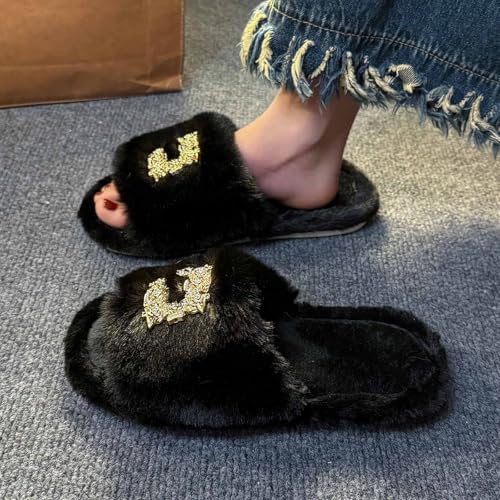 Women's fluffy slippers with open toes and gold chain buckles - soft wool lining, anti-slip rubber soles, fashionable all-season indoor shoes for home and office3