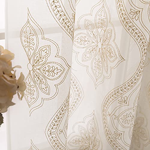 Jinchan Sheer Curtains For Living Room Embroidered Grommet Top Voile Curtain Medallion Damask Pattern Leafy Drapery Light Filtering Bedroom Farmhouse Country 2 Panels 84 Inch Length Gold On Ivory #TOP2