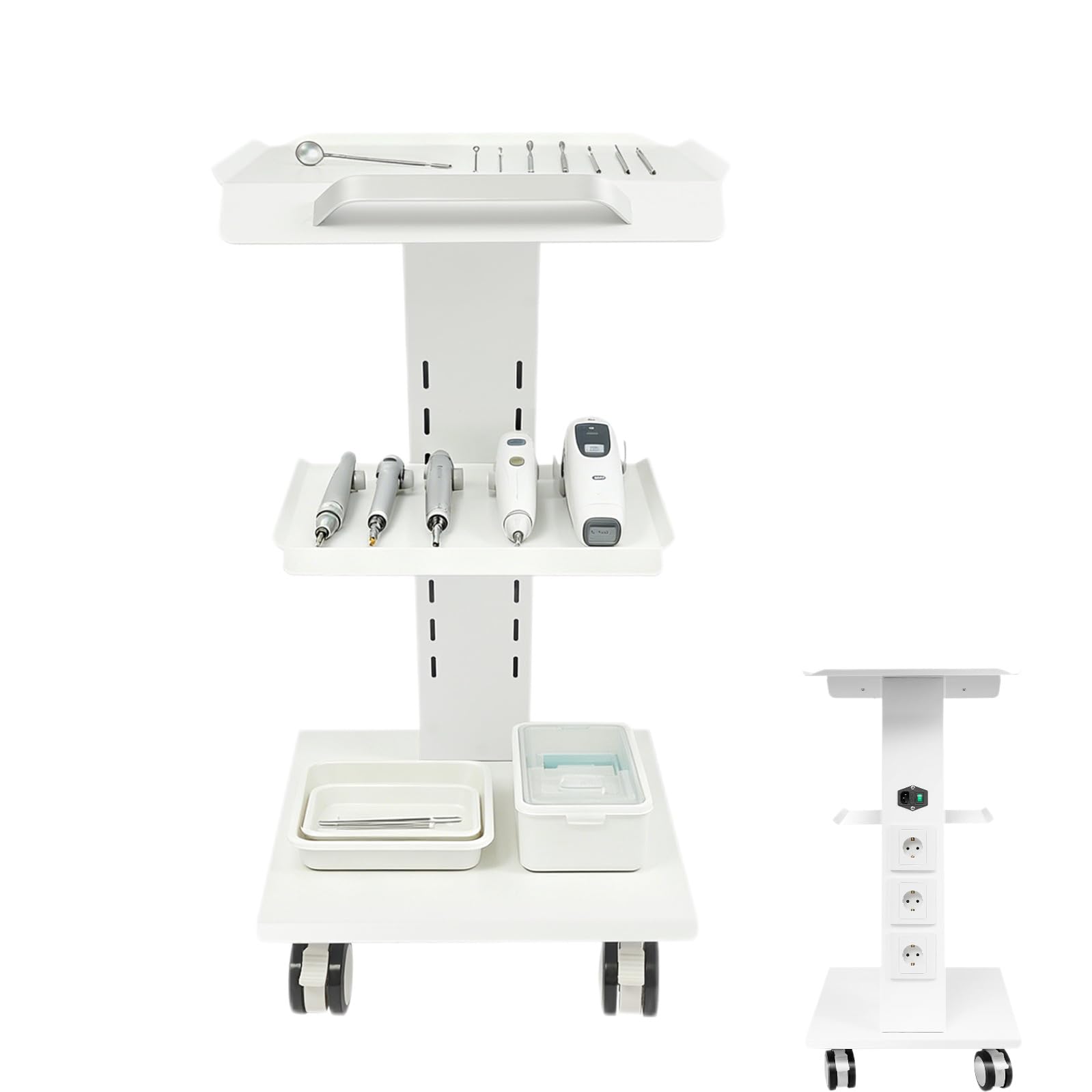 Carro de laboratorio de 3 pisos con enchufe, 100 kg de capacidad de carga, carrito de servicio móvil con 4 ruedas giratorias y nivel de altura ajustable, para clínica, salón de belleza