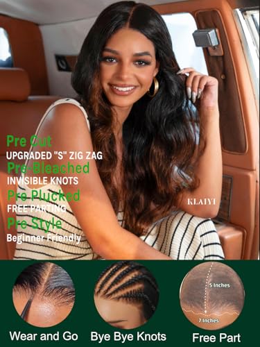 Image of KLAIYI Ombre Brown Body Wave Bye Bye Knots Glueless Wig Pre Cut HD Lace Front Wigs Human Hair Chestnut Brown Loose Wave Pre Bleached Pre Plucked Wear and Go Wig with Dark Roots 3S Ready to Wear 22Inch