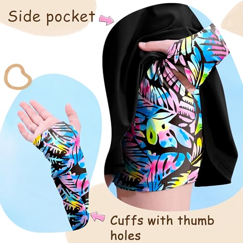 Image of HOZIY Girls Long Sleeve Swimsuit Two Piece Rash Guard Dress with Swim Shorts Front Zip for Kids Tween Teens UPF 50+
